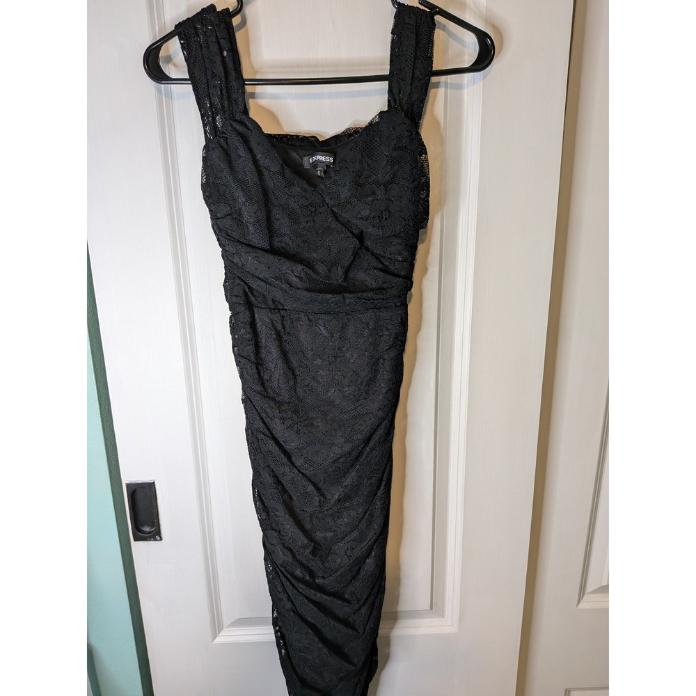 Express Black Floral Lace Ruched Bodycon Midi Dress Womens Size XS